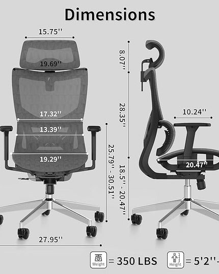 Ergonomic Office Chair with 3D Armrest, Big and Tall Computer Desk Chair with Adjustable Headrest, Seat Depth, Lumbar Support, Home Office Gaming Chair Dark Grey - LeafyLoom
