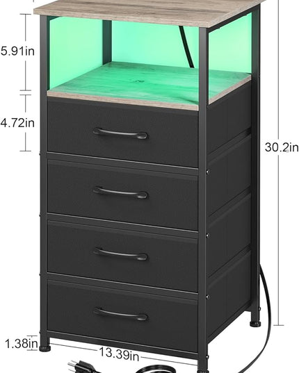 Nightstands Set of 2, Large End Tables Living Room, Bed Side Tables with Charging Station, 30" Tall Night Stand with 4 Fabric Drawers and LED Light Strip for Bedroom HNS014GY - LeafyLoom