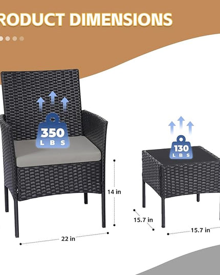 Patio Set 3 Piece Outdoor Rattan Porch Furniture with Tempered Glass Side Table & Cushion All Weather Conversation Bistro Set for Balcony,Deck,Porch (Brown/Beige) - LeafyLoom