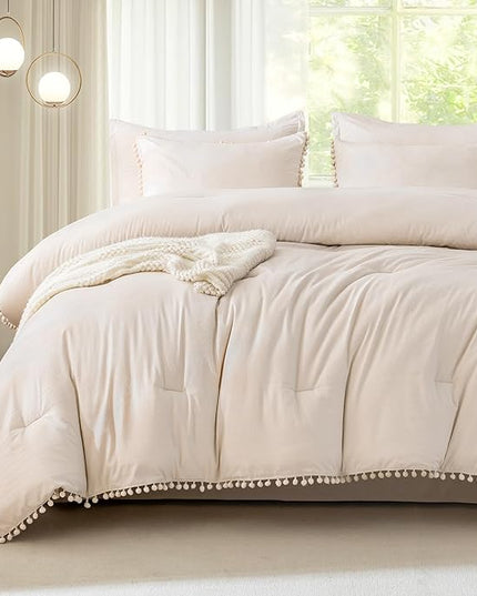 Litanika Queen Size Comforter Set Beige,3 Pieces Beige Boho Pom Pom Lightweight Bed Comforter, All Season Soft Solid Color Bedding Comforter Sets (1 Comforter 90x90 Inch, 2 Pillowcases) - LeafyLoom