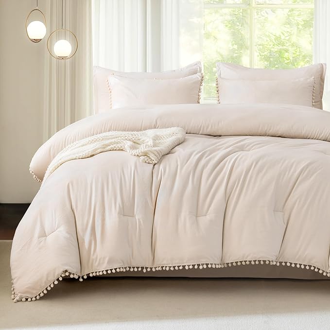 Litanika Queen Size Comforter Set Beige,3 Pieces Beige Boho Pom Pom Lightweight Bed Comforter, All Season Soft Solid Color Bedding Comforter Sets (1 Comforter 90x90 Inch, 2 Pillowcases) - LeafyLoom