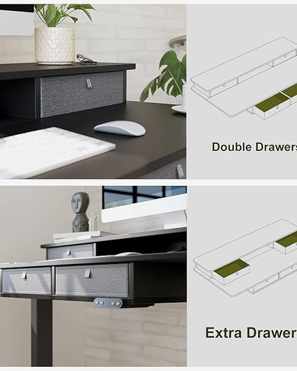 BANTI Height Adjustable Electric Standing Desk with 4 Drawers, 63 x 24 Inch Table with Storage Shelf, Sit Stand Desk, Black Top - LeafyLoom