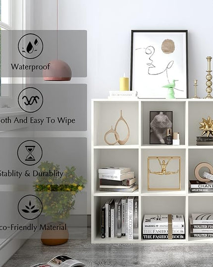 9-Cube Storage Shelf Bookcase - Wooden 3-Tier Floor Standing Open Bookshelf for Home and Office, Display Cabinet, Warm White - LeafyLoom