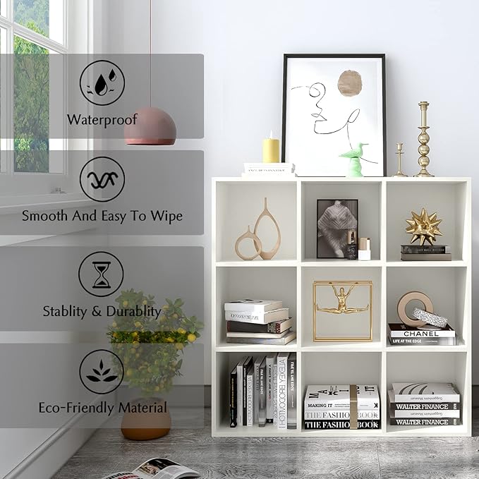 9-Cube Storage Shelf Bookcase - Wooden 3-Tier Floor Standing Open Bookshelf for Home and Office, Display Cabinet, Warm White - LeafyLoom