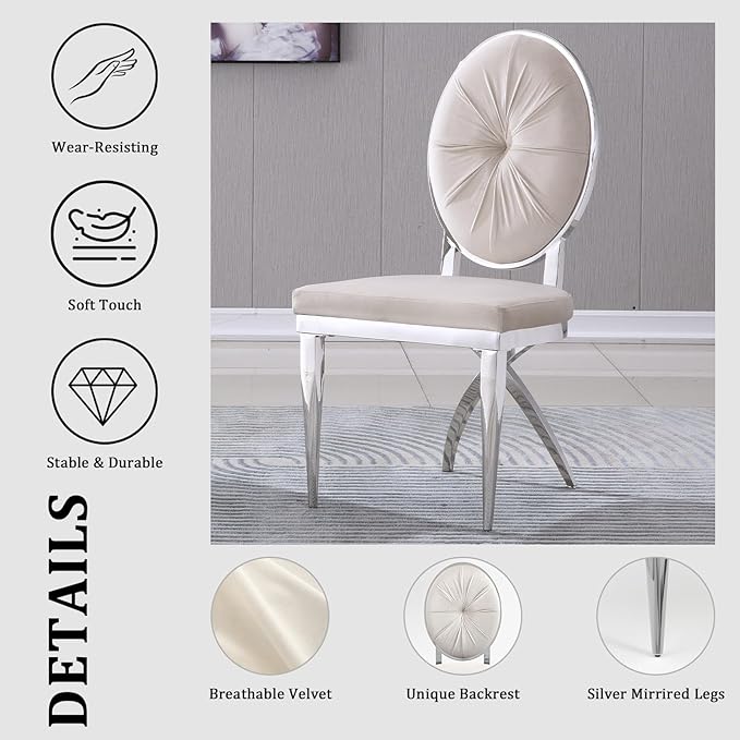 ACEDÉCOR Dining Chairs, White Velvet Dining Room Chairs with Silver Mirrored Legs, Glam White Kitchen Chairs for Dining Room, Kitchen, Living Room (Set of 6) - LeafyLoom