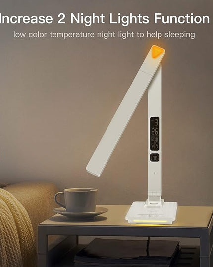 LAOPAO LED Desk Lamp with Wireless Charger, USB Charging Port, Sliding Dimmable Auto Timer Table Lamp with Night Light, Desk Lights with Clock for Study Reading Home Office - LeafyLoom
