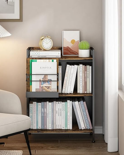 3 Tier Large Bookshelf with Storage Cabinet, Metal Industrial Bookcase Storage Organizer with Sliding Door, Open Standing Shelf Unit for Bedroom, Living Room, Home Office, Rustic Brown - LeafyLoom