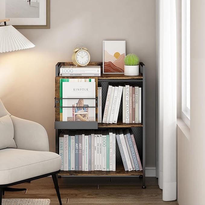 3 Tier Large Bookshelf with Storage Cabinet, Metal Industrial Bookcase Storage Organizer with Sliding Door, Open Standing Shelf Unit for Bedroom, Living Room, Home Office, Rustic Brown - LeafyLoom