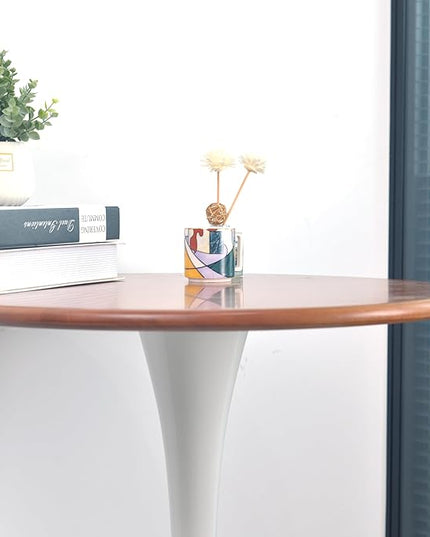 Rubber Wood 23.6" Round Dining Table for 2-4, Mid-Century Tulip Design with Pedestal Base - Perfect for Kitchen & Living Room(Cherry color) - LeafyLoom
