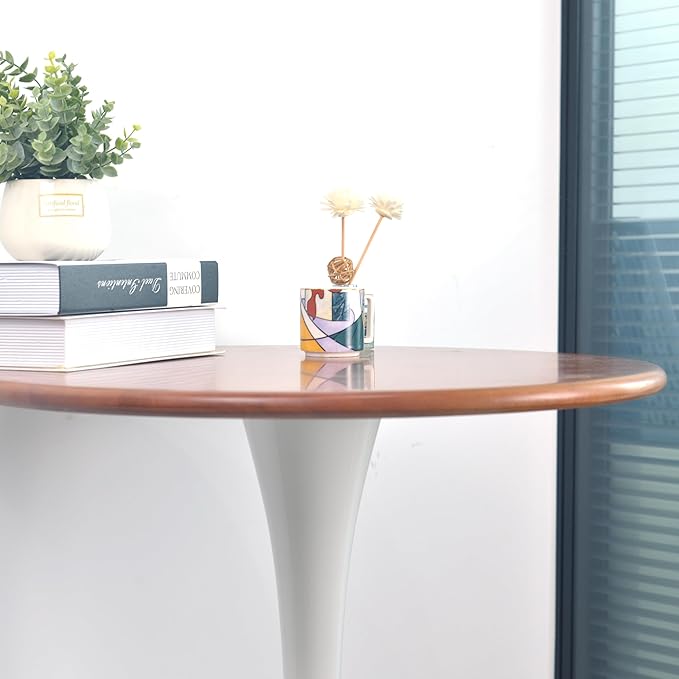 Rubber Wood 23.6" Round Dining Table for 2-4, Mid-Century Tulip Design with Pedestal Base - Perfect for Kitchen & Living Room(Cherry color) - LeafyLoom