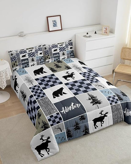 Deer Antler Comforter Set Full Size,Bear Rustic Farmhouse Adventure Bedding Set for Kids Boys Girls Adults Room Decor,Pine Trees Plaid Patchwork Down Comforter,Blue Xmas Duvet Insert,2 Pillowcases - LeafyLoom