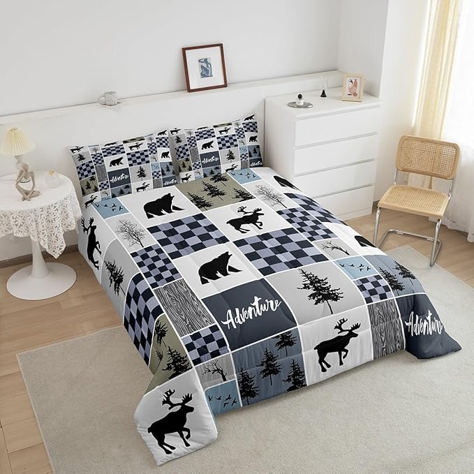 Deer Antler Comforter Set King Size,Bear Rustic Farmhouse Adventure Bedding Set for Kids Boys Girls Adults Room Decor,Pine Trees Plaid Patchwork Down Comforter,Blue Xmas Duvet Insert,2 Pillowcases - LeafyLoom