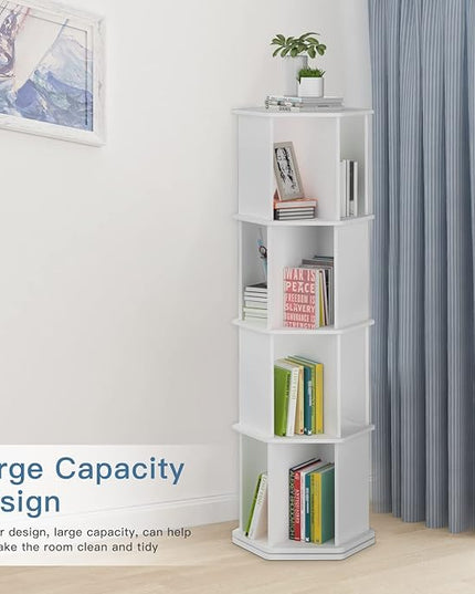 4 Tier Rotating Bookshelf, Wooden Spinning Bookshelf Tower, 360 Display Revolving Bookshelf Floor Standing Corner Narrow Revolving Bookcase for Living Room, Bedroom, White - LeafyLoom