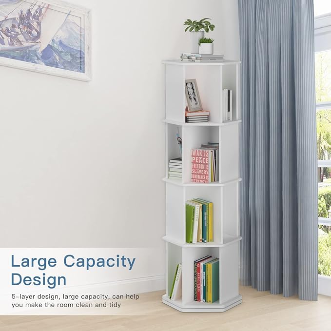 4 Tier Rotating Bookshelf, Wooden Spinning Bookshelf Tower, 360 Display Revolving Bookshelf Floor Standing Corner Narrow Revolving Bookcase for Living Room, Bedroom, White - LeafyLoom