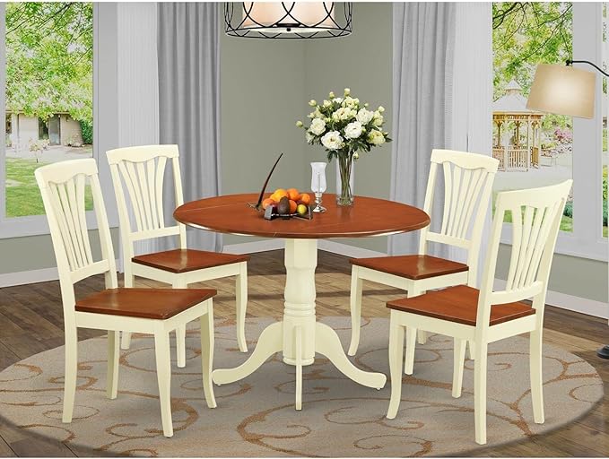 East West Furniture DLAV5-BMK-W 5 Piece Kitchen Table Set for 4 Includes a Round Dining Room Table with Dropleaf and 4 Solid Wood Seat Chairs, 42x42 Inch, Buttermilk & Cherry - LeafyLoom