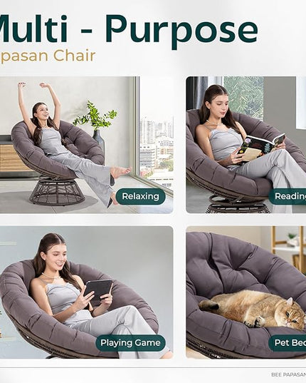 Bme 40" Ergonomic Wicker Papasan Chair with Soft Thick Density Fabric Cushion, Bee-Designed Base, High Capacity Steel Frame, 360 Degree Swivel for Living, Bedroom, Reading Room,... - LeafyLoom
