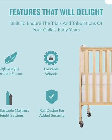 Folding Full Size Convenience Crib In Natural, Two Adjustable Mattress Height Positions, Comes With Heavy Duty Locking Wheels, Flat Folding - LeafyLoom