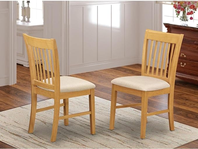 East West Furniture Norfolk Kitchen Dining Linen Fabric Upholstered Wood Chairs, Set of 2, Oak - LeafyLoom