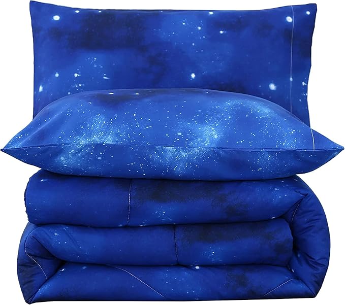 3PCS Blue Galaxy Comforter Set Queen Size, Bed in a Bag Summer Quilt Queen Size, Lightweight and Fade Resistant, Cute Bed Set for Boys Girls Toddler Kids and Teens, Queen - LeafyLoom