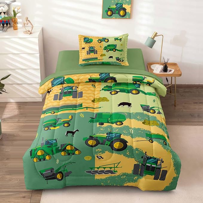 Twin Construction Bedding Set for Boys Kids Farm Tractor Bedding 4 Pieces Cars Twin Comforter Set for Boys, Twin Truck Bed in a Bag Set Boys - LeafyLoom
