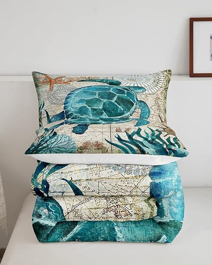 Turtle Bedding Teal Turtle Comforter Set Turquoise Ocean Themed Mediterranean Style Printed Design Ocean Turtle Down Comforter Quilted Duvet Set Queen Size 1 Comforter 2 Pillowcases (Queen, Turtle) - LeafyLoom