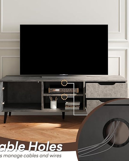 Maxtown TV Stands for Living Room, TV Console Table for 55 Inch TV, Entertainment Center with 1 Cabinet, 2 drawers, Media Console with Metal Feet for Bedroom, Living Room, Dark Grey - LeafyLoom