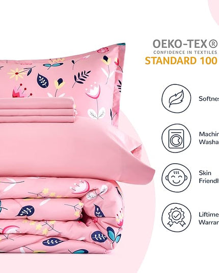 SLEEP ZONE Kids Twin Bedding Comforter Set - Super Cute & Soft Kids Bedding 5 Pieces Set with Comforter, Sheet, Pillowcase & Sham (Pink Flower) - LeafyLoom