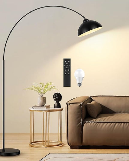 Arc Floor Lamp for Living Room with Remote, 78” Black Standing Lamp with LED Bulb, Stepless Dimmable Color Temperature & Brightness Corner Lamp, Modern Over Couch Tall Reading Light for Bedroom Office - LeafyLoom