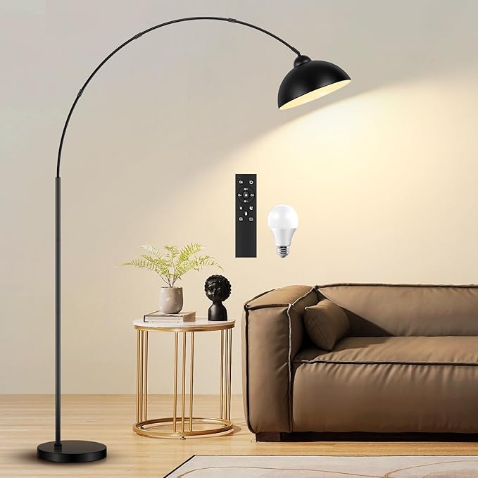 Arc Floor Lamp for Living Room with Remote, 78” Black Standing Lamp with LED Bulb, Stepless Dimmable Color Temperature & Brightness Corner Lamp, Modern Over Couch Tall Reading Light for Bedroom Office - LeafyLoom