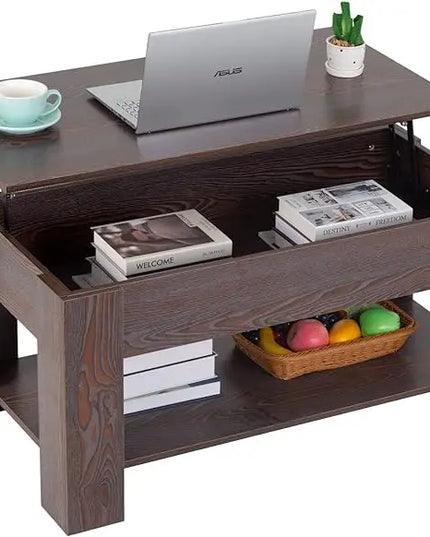 FDW Lift Top Coffee Table with Hidden Compartment and Storage Shelf Wooden Lift Tabletop for Home Living Room Reception Room Office (Espresso) - LeafyLoom