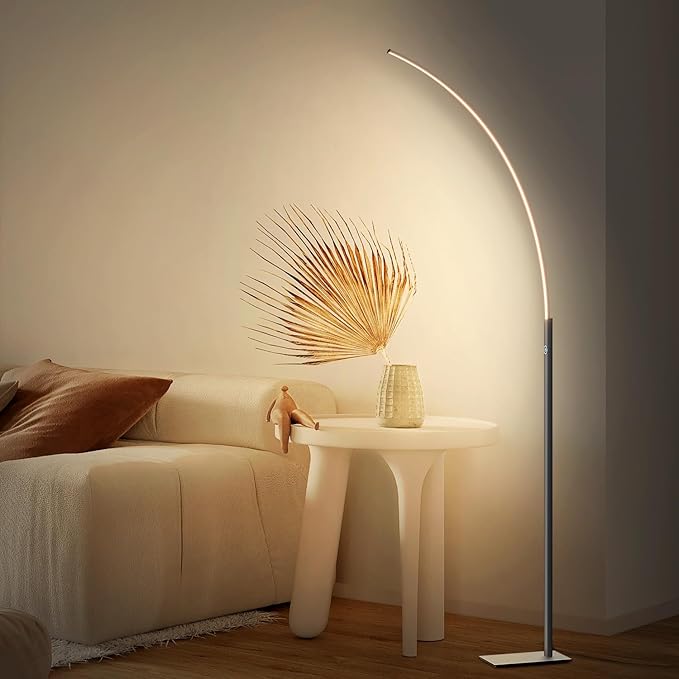 Arc Corner Floor Lamp - 3000K Warm White & 3 Brightness Presets - Curved LED Standing Lamp with Touch Switch - 63" Modern Floor Lamp for Living Room, Bedroom (Silver) - LeafyLoom