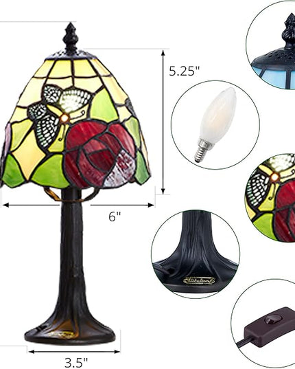 Stained Glass Butterfly with rose Design Table or Desk Light, Tiffany Style mini table Lamp-LED Bulb Included-Vintage Look Colorful Accent Decor - LeafyLoom