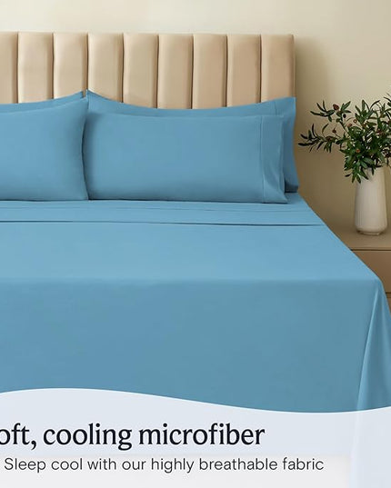 LuxClub 7 PC Split King Sheet Set, Breathable Luxury Bed Sheets, Deep Pockets 18" Eco Friendly Wrinkle Free Cooling Sheets Machine Washable Hotel Bedding Silky Soft - Light Blue Split King - LeafyLoom