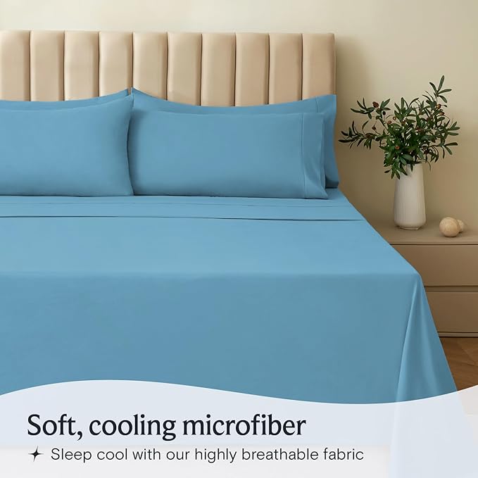 LuxClub 6 PC Queen Sheet Set, Sheets Queen Size, Deep Pockets 18" Eco Friendly Wrinkle Free Cooling Sheets Machine Washable Hotel Bedding Silky Soft - Denim Queen - LeafyLoom