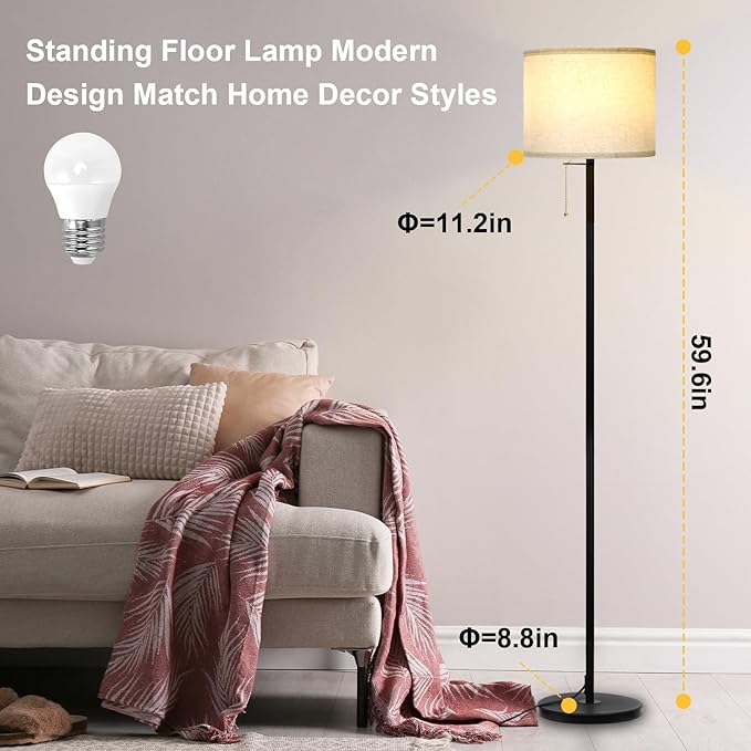 Modern Floor Lamp for Living Room Traditional Farmhouse Floor Lamps Mid-Century Pole Lamp with Linen Lamp Shade, Standing Tall Floor Lamps for Bedrooms and Office (Black-01) - LeafyLoom