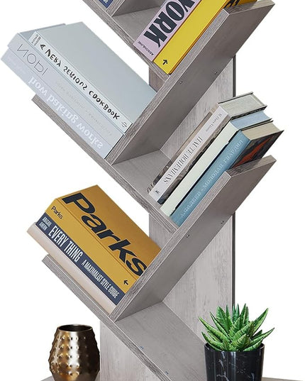 SUNMORY 6 Tier Tree Bookshelf, Tall Bookcase with Storage Cabinet, Modern Narrow Bookshelves Organizer, Floor Standing Book Shelf for Bedroom/Living Room/Home Office/Corner, Grey - LeafyLoom
