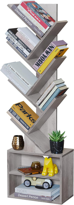 SUNMORY 6 Tier Tree Bookshelf, Tall Bookcase with Storage Cabinet, Modern Narrow Bookshelves Organizer, Floor Standing Book Shelf for Bedroom/Living Room/Home Office/Corner, Grey - LeafyLoom