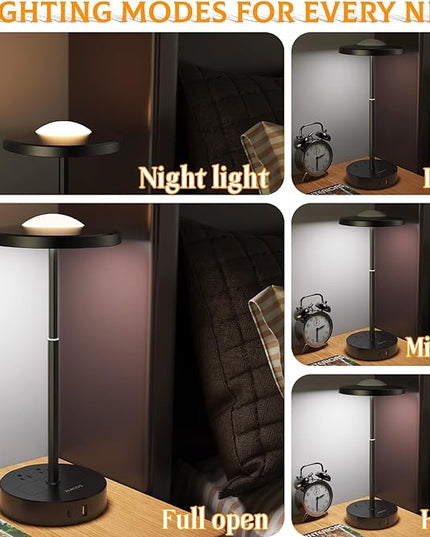 LED Table Lamp Dimmable Desk Lamp Reading Lamp with USB A & Type C Charging Port 2 Prong Outlet Power Touch Control Night Light Retractable for Bedroom, Living Room, Dorm, Study, Home Office - LeafyLoom