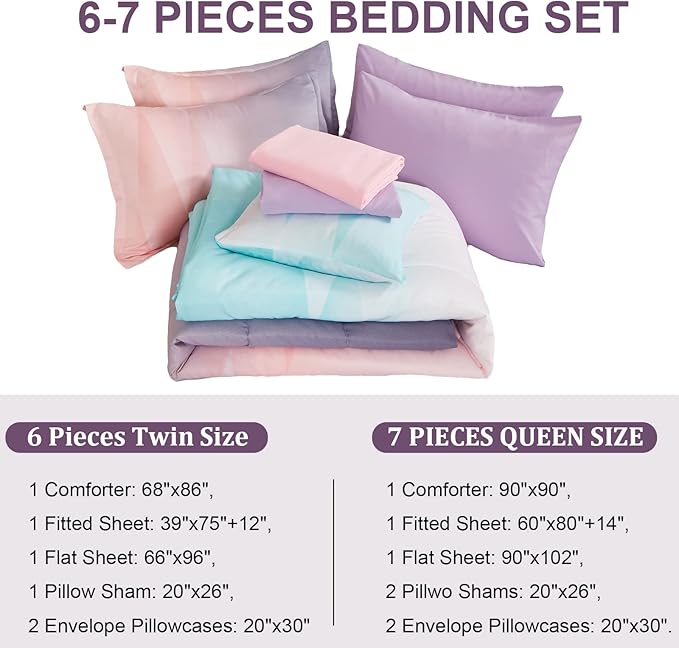 Girls Comforter Set Queen Size Colorful Ombre Blue Pink Purple Rainbow Bedding Set 7 Pieces Bed in A Bag for Kids Teen Girls Women with Comforter, Flat Sheet, Fitted Sheet - LeafyLoom