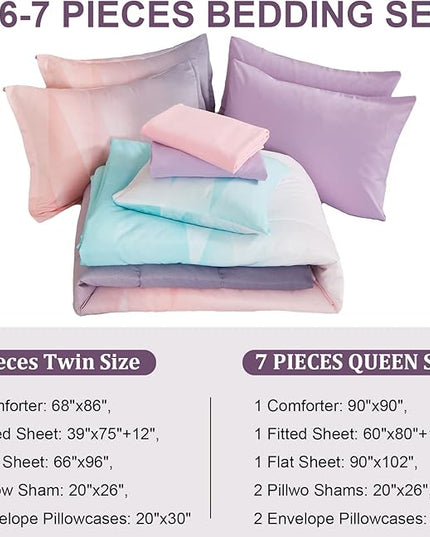 Girls Comforter Set Twin Size Colorful Ombre Blue Pink Purple Rainbow Bedding Set 6 Pieces Bed in A Bag for Kid Teen (1 Comforter, 1 Flat Sheet, 1 Fitted Sheet, 1 Pillow sham, 2 Pillowcases) - LeafyLoom