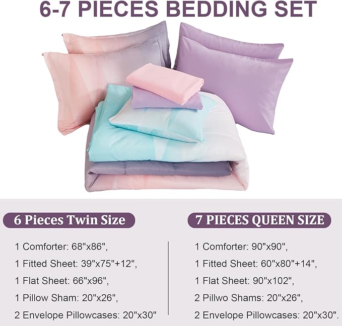 Dinjoy Reversible Girls Comforter Set Full Size Colorful Ombre Blue Pink Purple Rainbow Bedding Set 7 Pieces Bed in A Bag for Kids Teen Girls Women(1 Comforter, 1 Flat Sheet, 1 Fitted Sheet) - LeafyLoom
