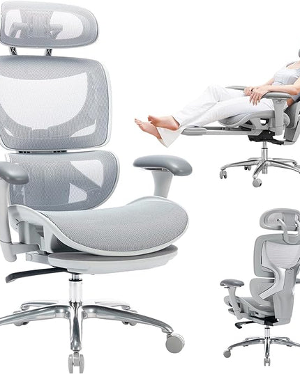 Ergonomic Mesh Office Chair with Footrest, Executive High Back Computer Desk Chair with Wide Headrest and Adjustable 3D Arms, Backrest, Tilt Lock and Lumbar Support-Grey - LeafyLoom