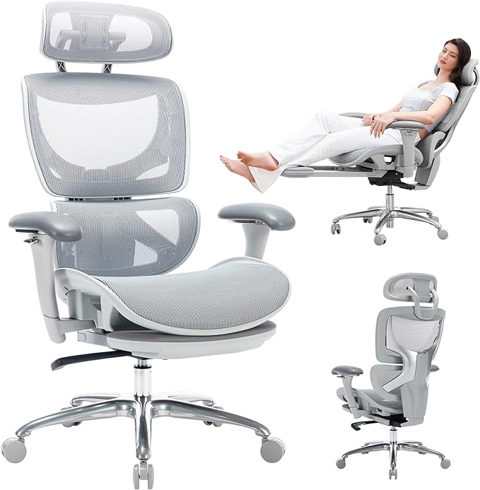 Ergonomic Mesh Office Chair with Footrest, Executive High Back Computer Desk Chair with Wide Headrest and Adjustable 3D Arms, Backrest, Tilt Lock and Lumbar Support-Grey - LeafyLoom