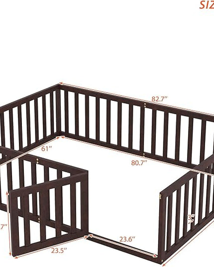 Multifunctional Queen Size Floor Bed with Safety Guardrails and Door, Montessori Sturdy Solid Wood Beds Frame, Easy Assembly and No Spring Need, for Boys and Girls Room, Walnut - LeafyLoom