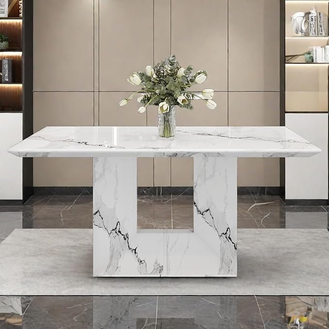 NicBex Simple Dining Table a White Marble Patterned Dining Table Suitable for Kitchen and Living Room, can Accommodate 4-6 People, White - LeafyLoom