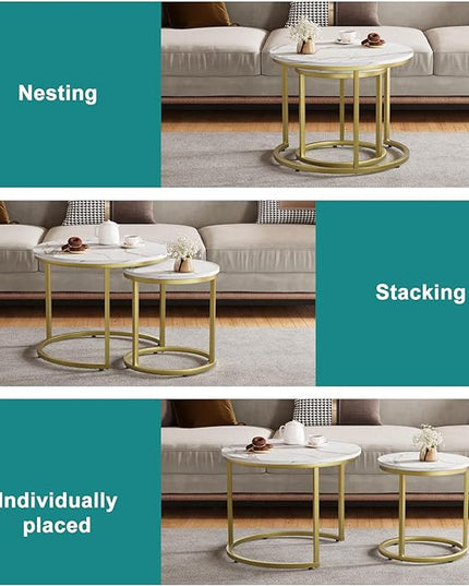 White Nesting Coffee Table Set of 2, 23.6“ Round Coffee Table Wooden Marble Pattern with Adjustable Non-Slip Feet, Industrial End Table for Living Room Bedroom Balcony Gold - LeafyLoom