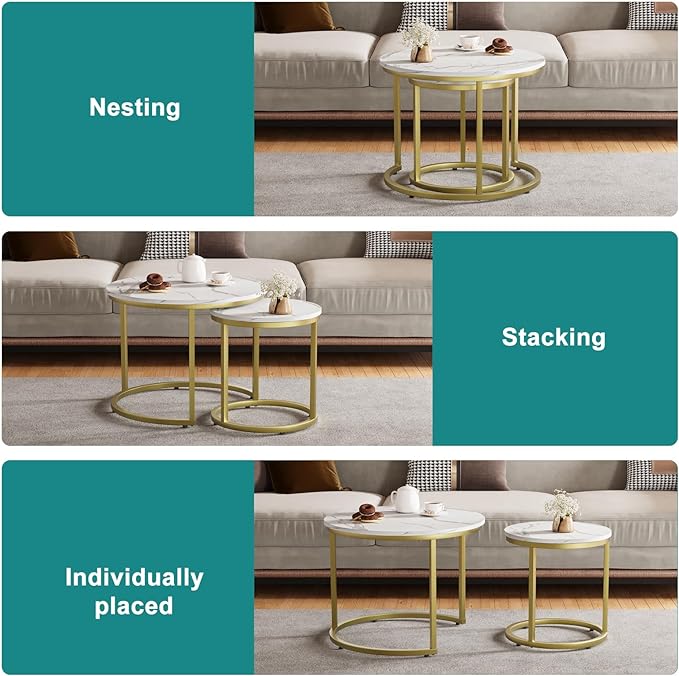 White Nesting Coffee Table Set of 2, 23.6“ Round Coffee Table Wooden Marble Pattern with Adjustable Non-Slip Feet, Industrial End Table for Living Room Bedroom Balcony Gold - LeafyLoom