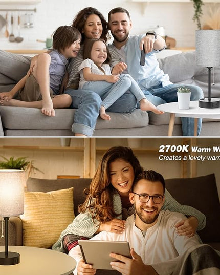 Grey Nightstand Lamps 3 Color Temperatures - 2700K 3500K 5000K Bedside Lamps with USB C and A Ports, Pull Chain Table Lamps with AC Outlet, Small Lamps with Black Metal Base for Sleeping Reading - LeafyLoom