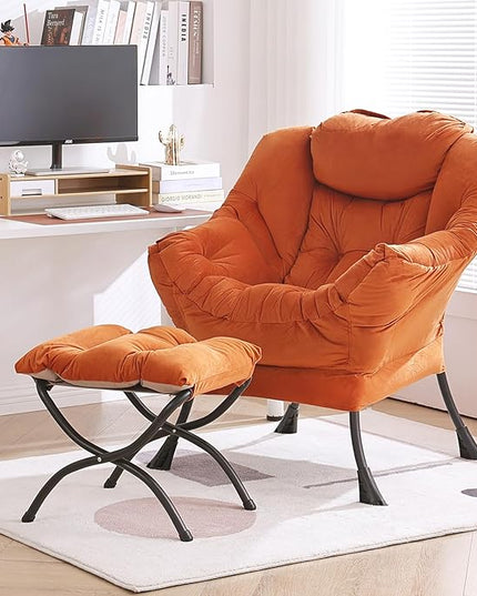 Lazy Chair with Ottoman, Modern Chair with Folding Footrest, Lounge Accent Chair, Comfortable Reading Chair, Oversized Armchairs for Bedroom, Study, Living Room, Courtyard (Orange) - LeafyLoom