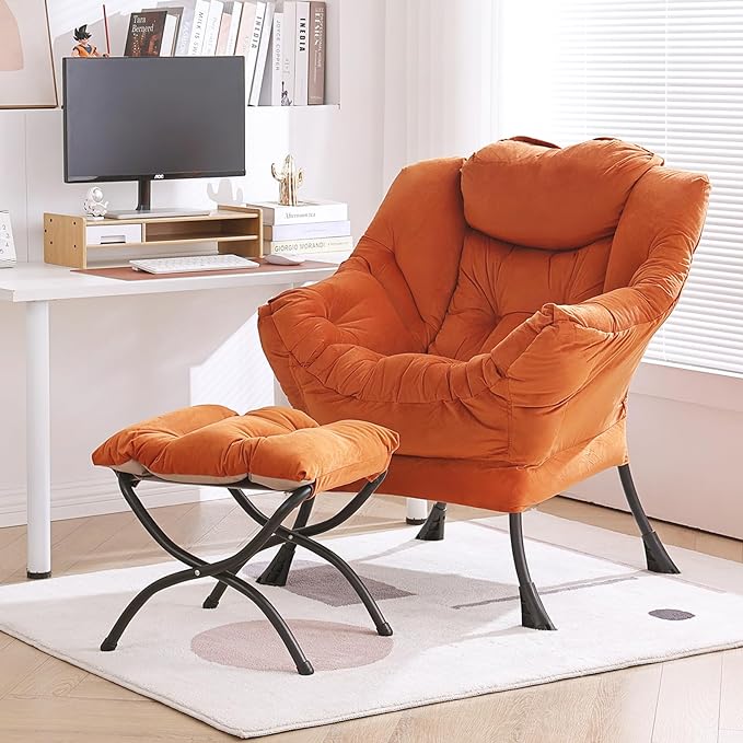 Lazy Chair with Ottoman, Modern Chair with Folding Footrest, Lounge Accent Chair, Comfortable Reading Chair, Oversized Armchairs for Bedroom, Study, Living Room, Courtyard (Orange) - LeafyLoom